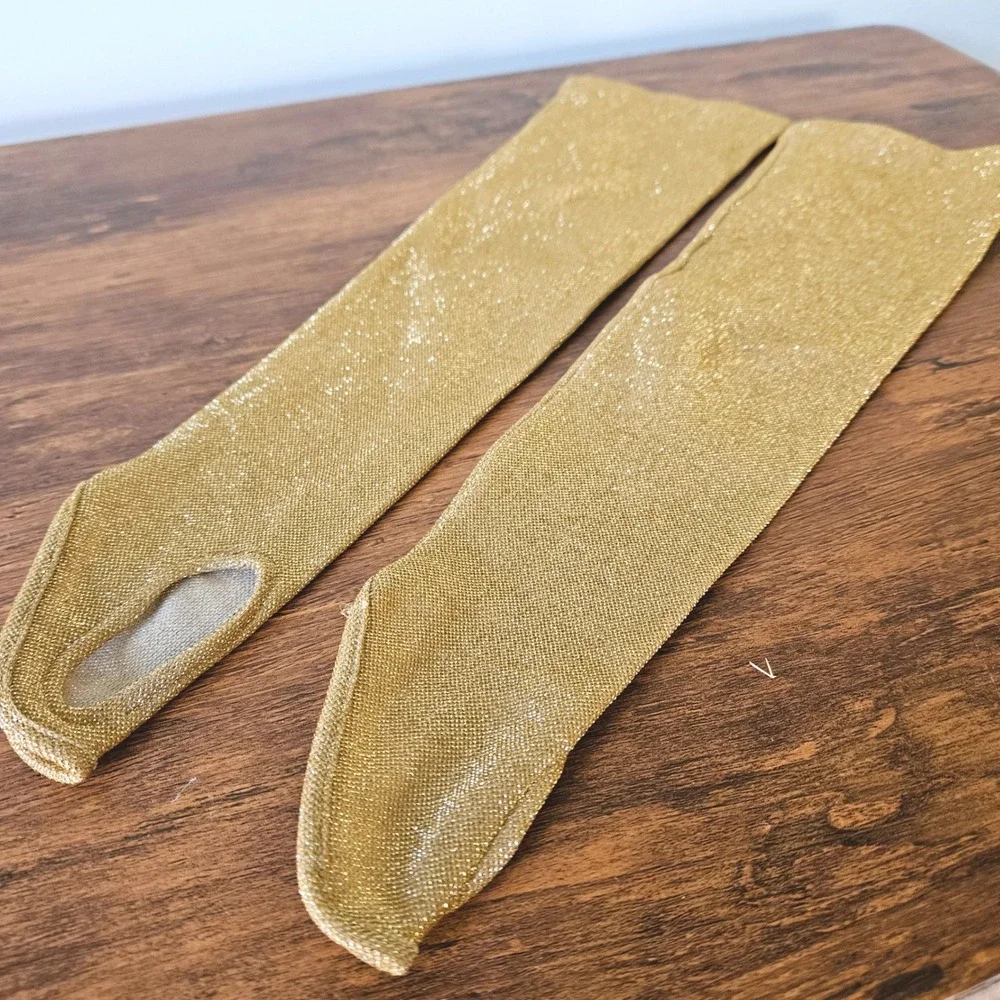 Vtg 50s 60s Gold Lurex Metallic Fingerless Thumb Hole Elbow Length Gloves
